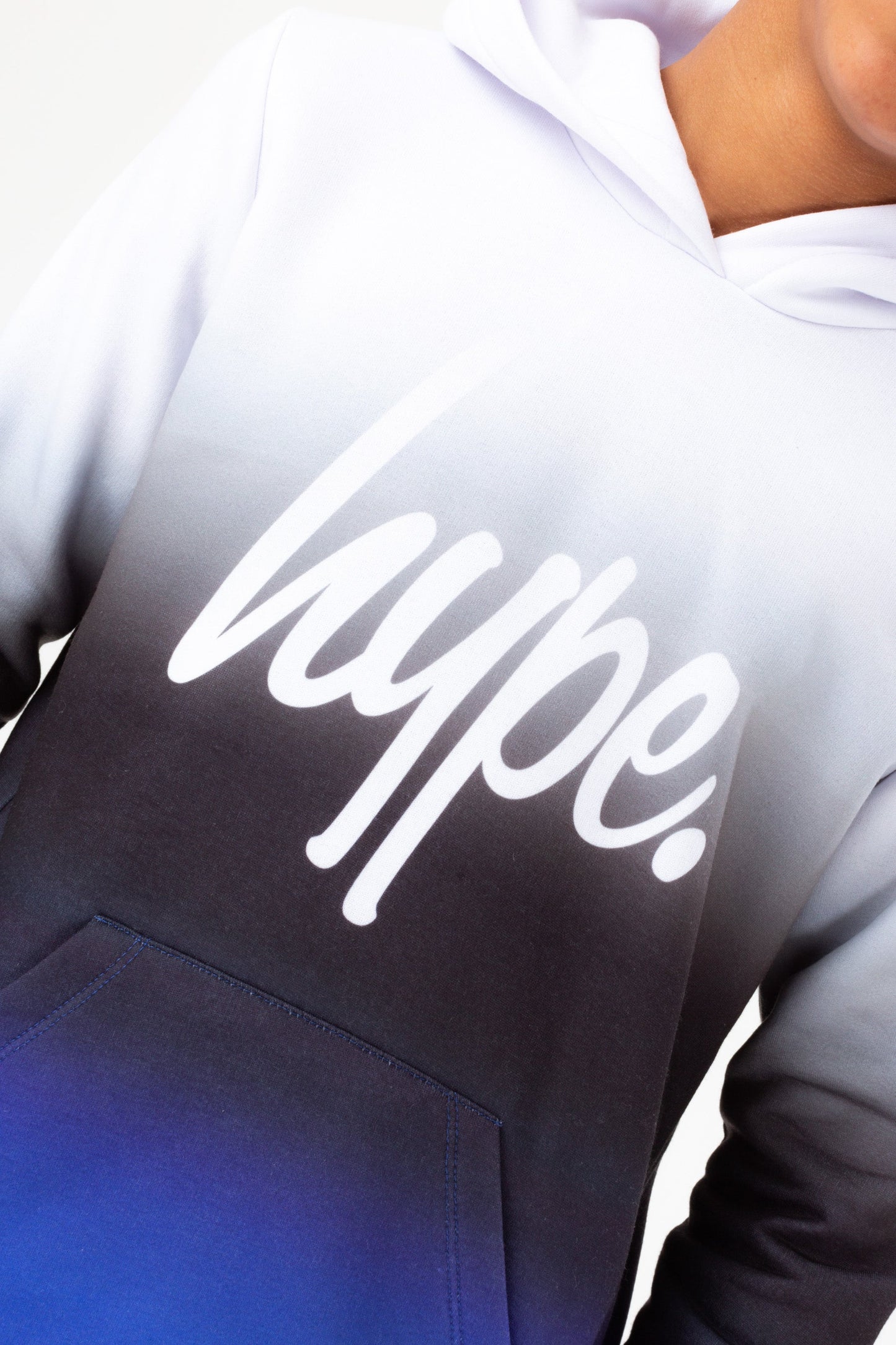 HYPE BOYS WHITE BLACK BLUE FADE SCRIPT HOODIE