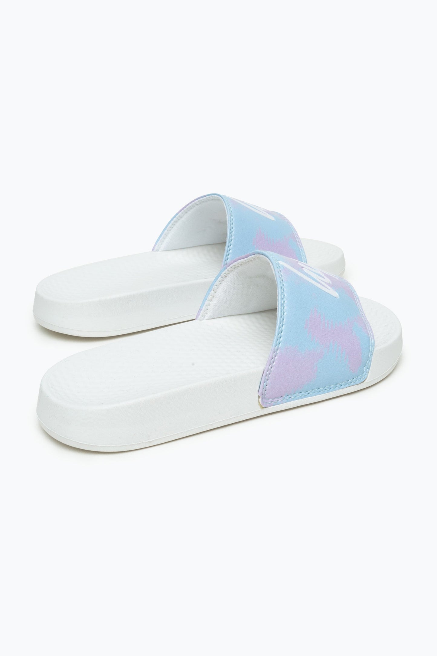HYPE KIDS UNISEX SPLODGE TIE DYE BLUE AND LILAC SCRIPT SLIDERS