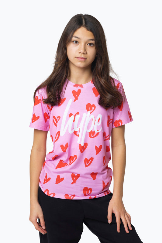 HYPE GIRLS MULTI SCRIBBLE HEARTS PINK T-SHIRT