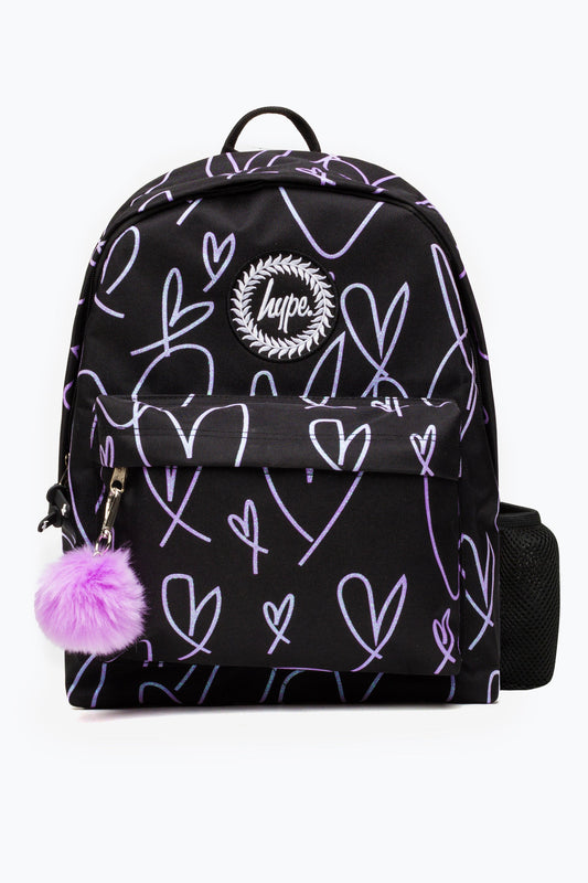 HYPE GIRLS BLACK/PURPLE GLITTER SCRIBBLE HEARTS ICONIC BACKPACK