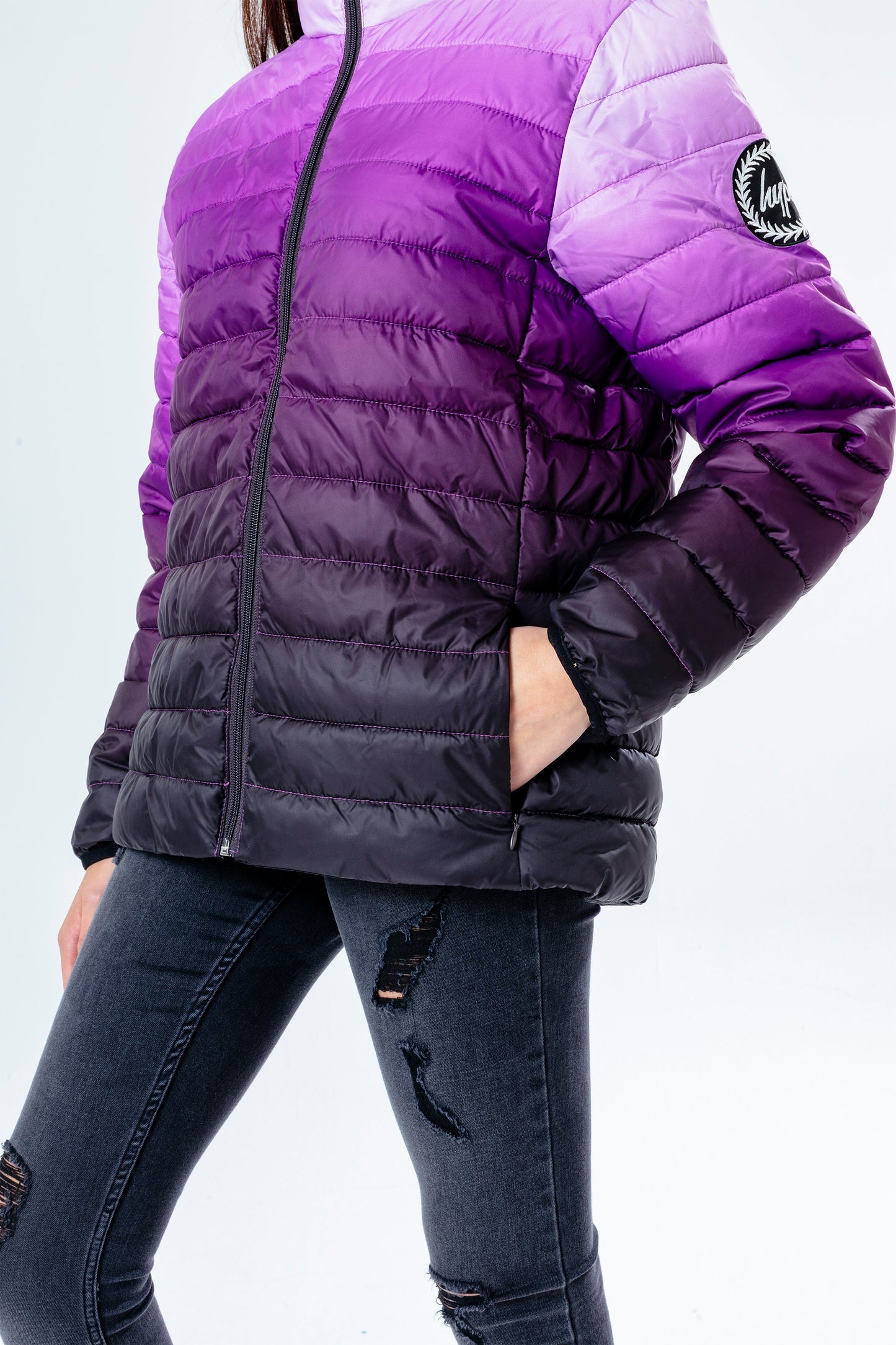 HYPE BLACK LILAC FADE KIDS LIGHTWEIGHT PUFFER JACKET