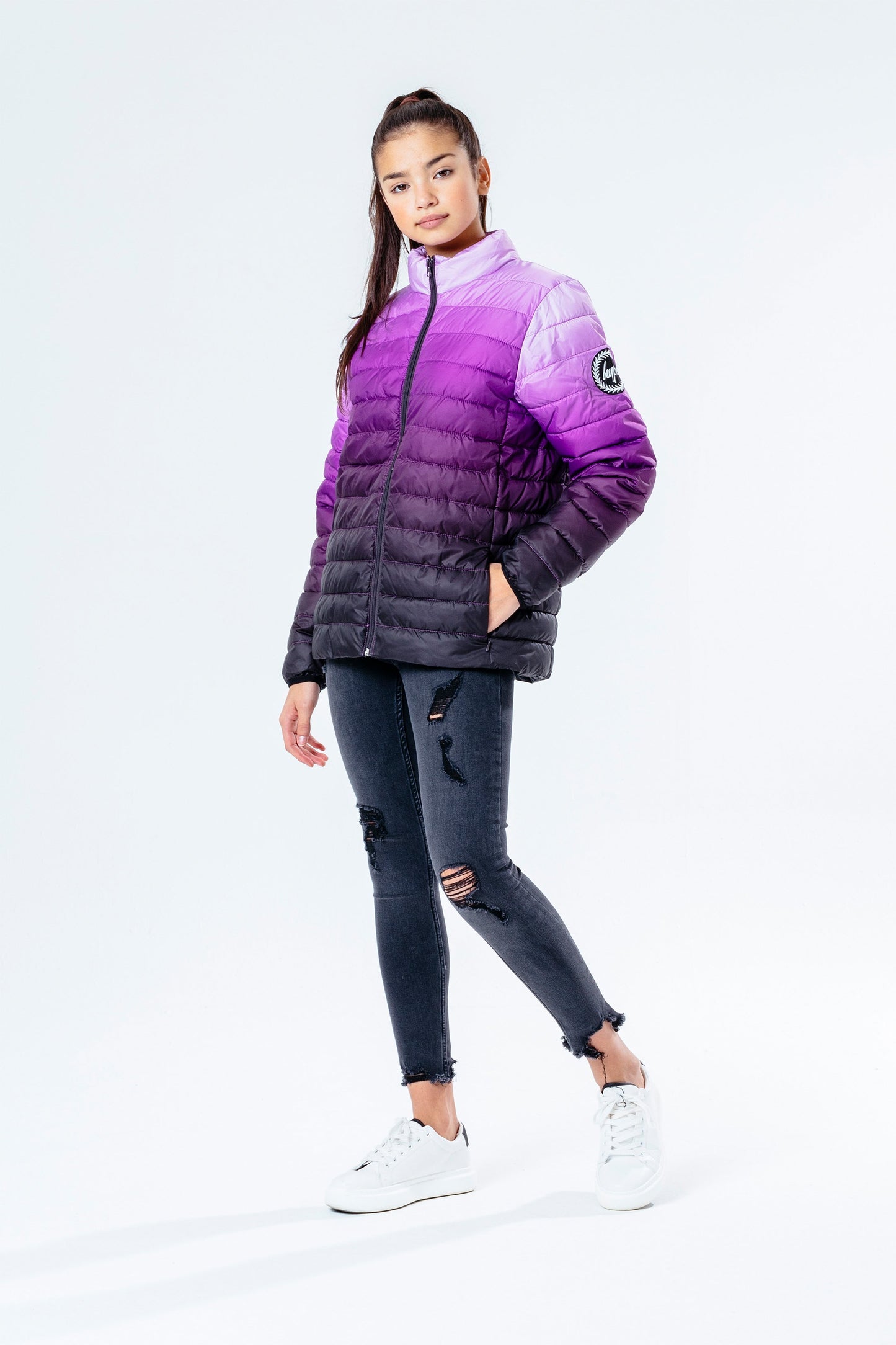 HYPE BLACK LILAC FADE KIDS LIGHTWEIGHT PUFFER JACKET