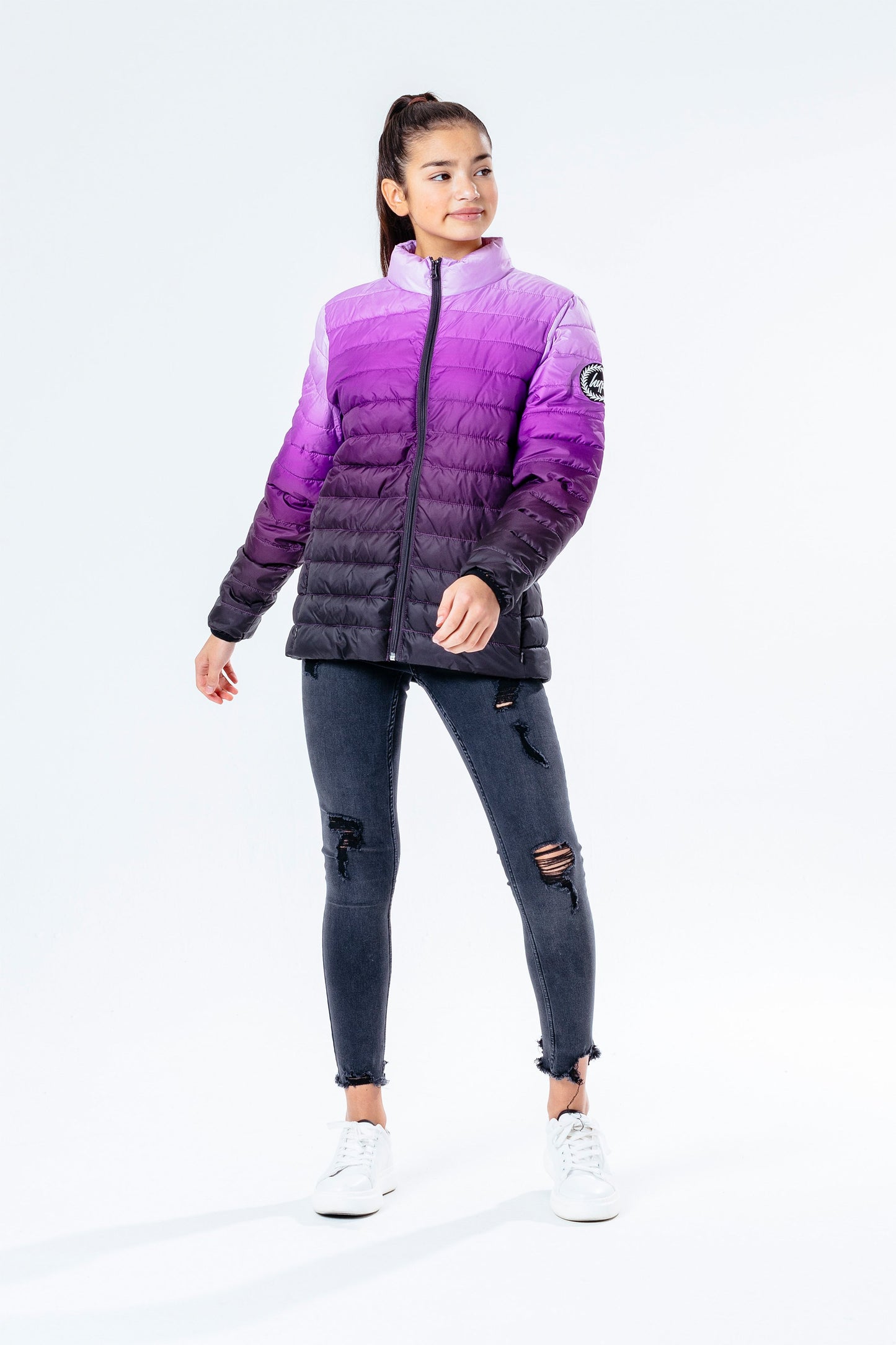 HYPE BLACK LILAC FADE KIDS LIGHTWEIGHT PUFFER JACKET