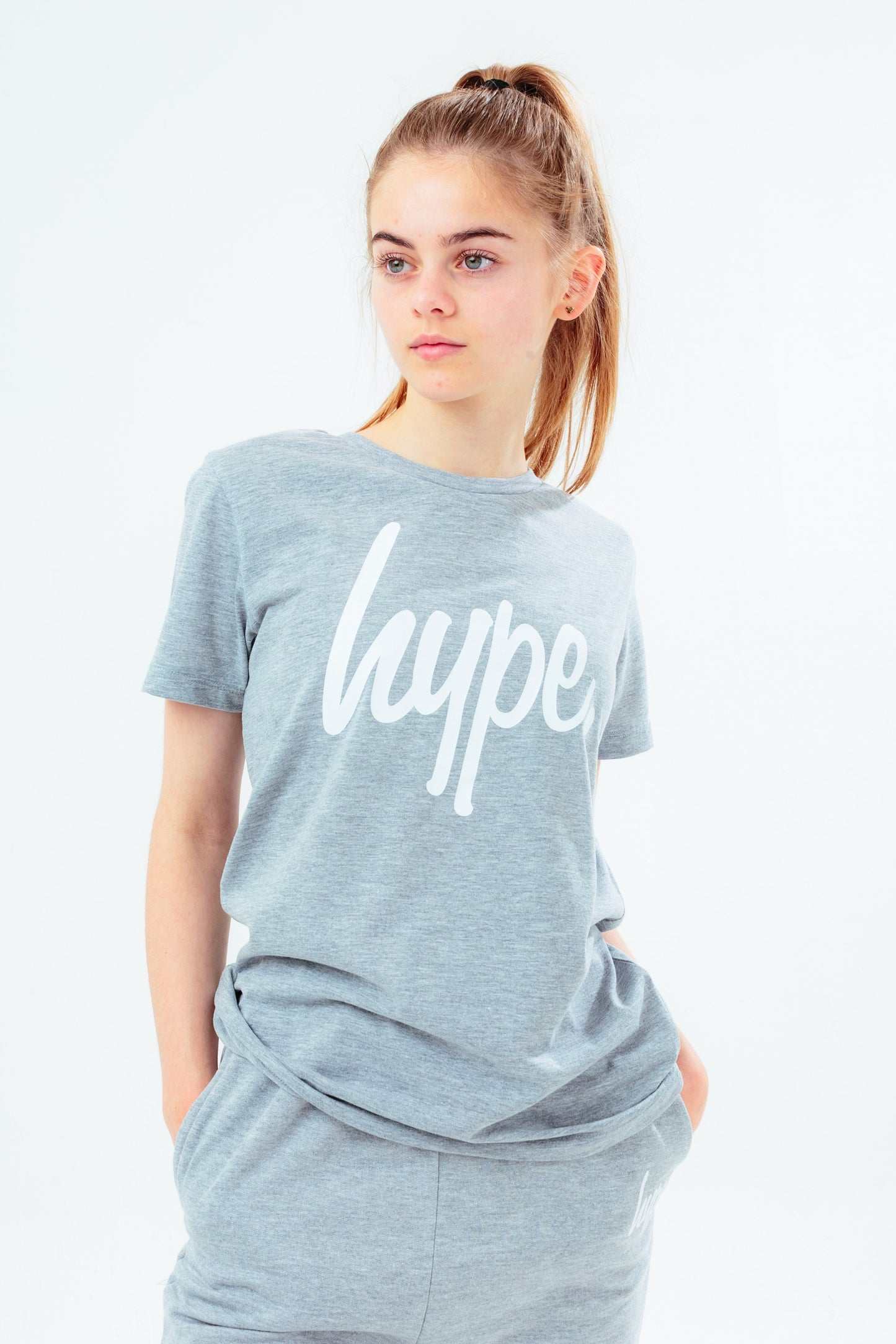 HYPE UNISEX KIDS GREY MARL SCRIPT T-SHIRT