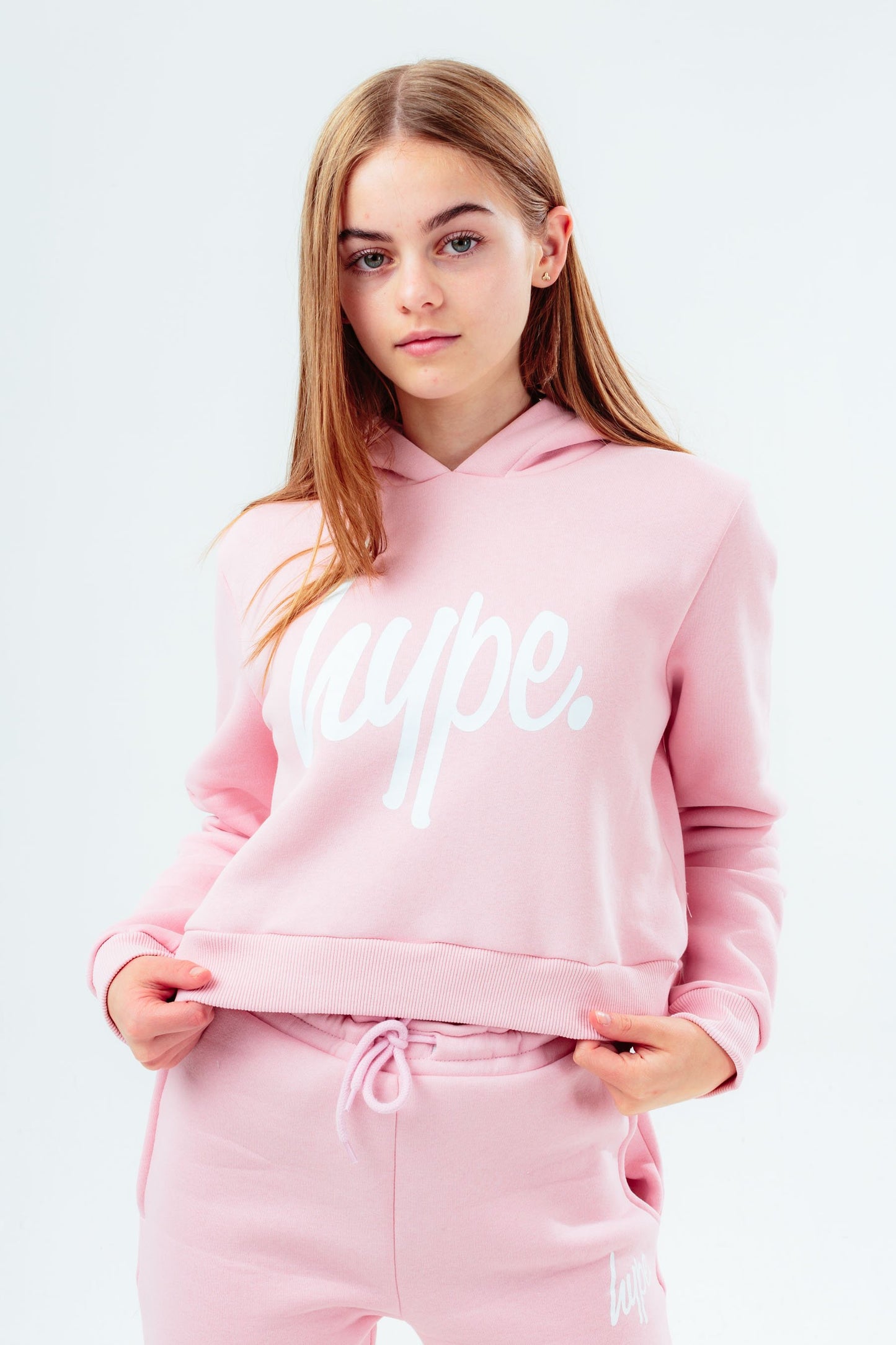 HYPE GIRLS PINK SCRIPT KIDS CROP HOODIE