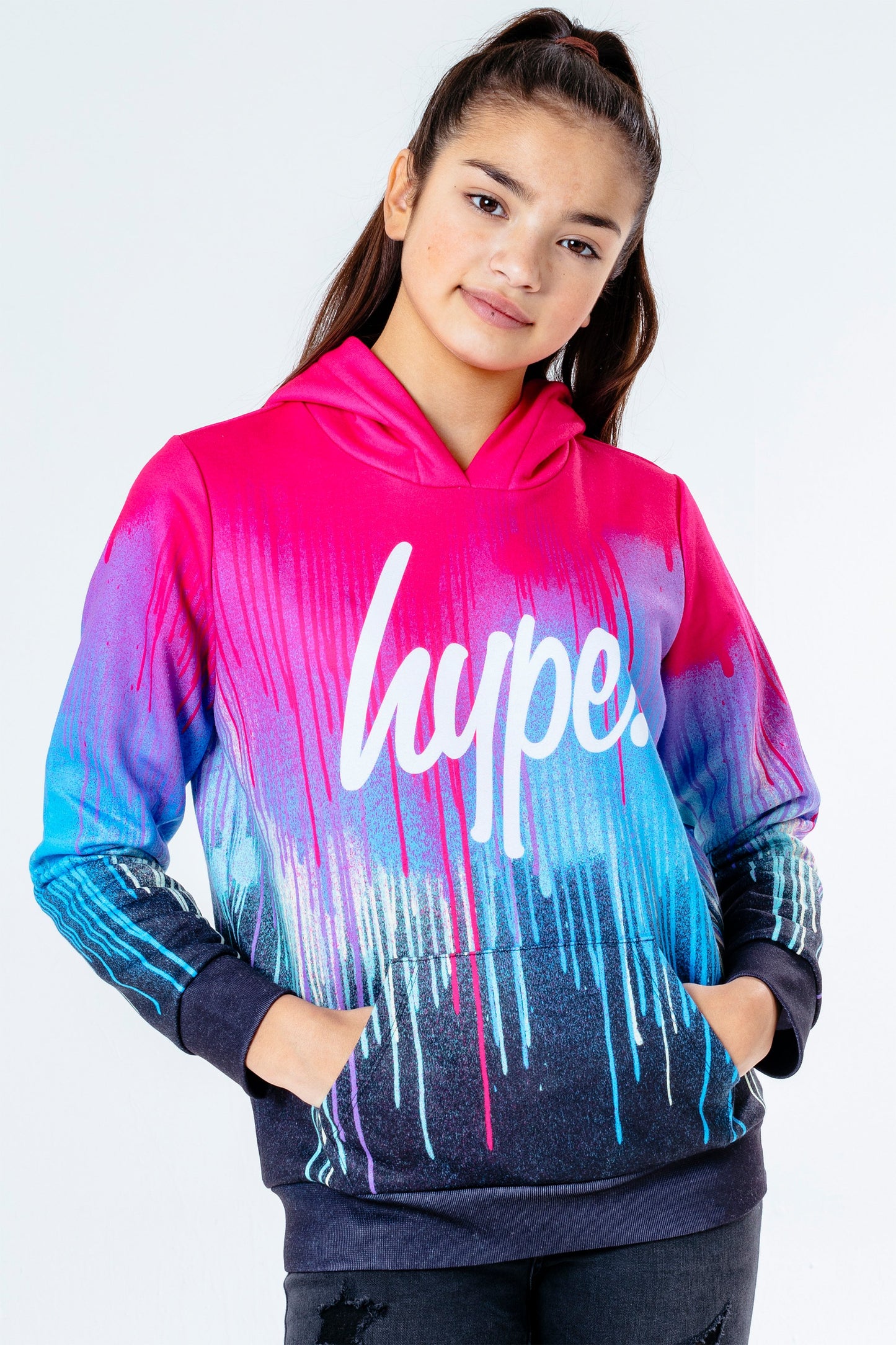 Hype Pink Spray Drips Kids Pullover Hoodie