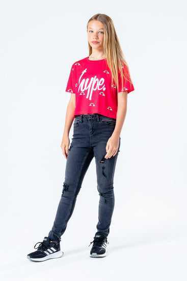 Hype Pink Ditsy Rainbow Print Kids Crop T-Shirt