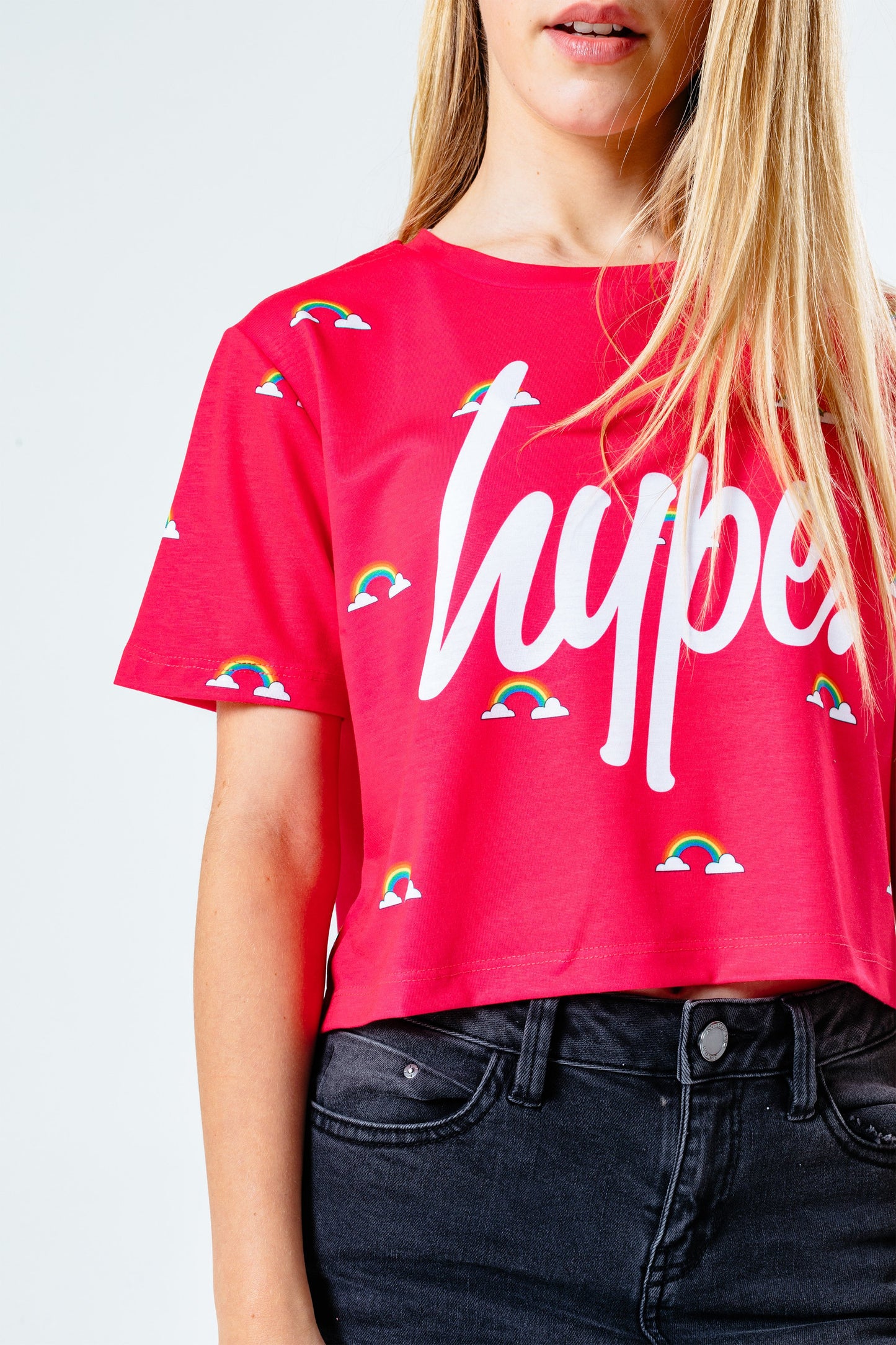 Hype Pink Ditsy Rainbow Print Kids Crop T-Shirt