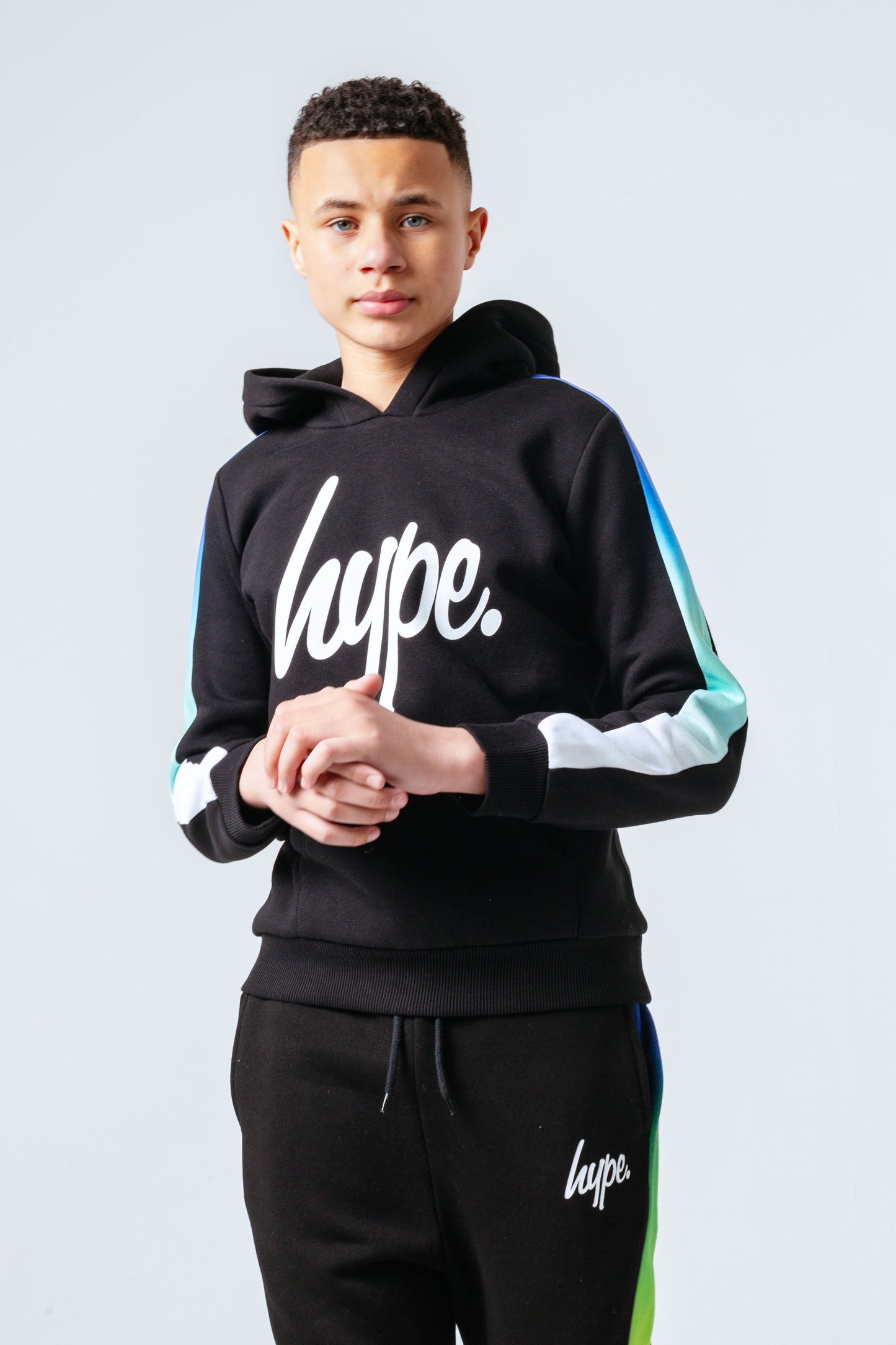 HYPE BLUE GREEN FADE SLEEVE PANEL KIDS PULLOVER HOODIE