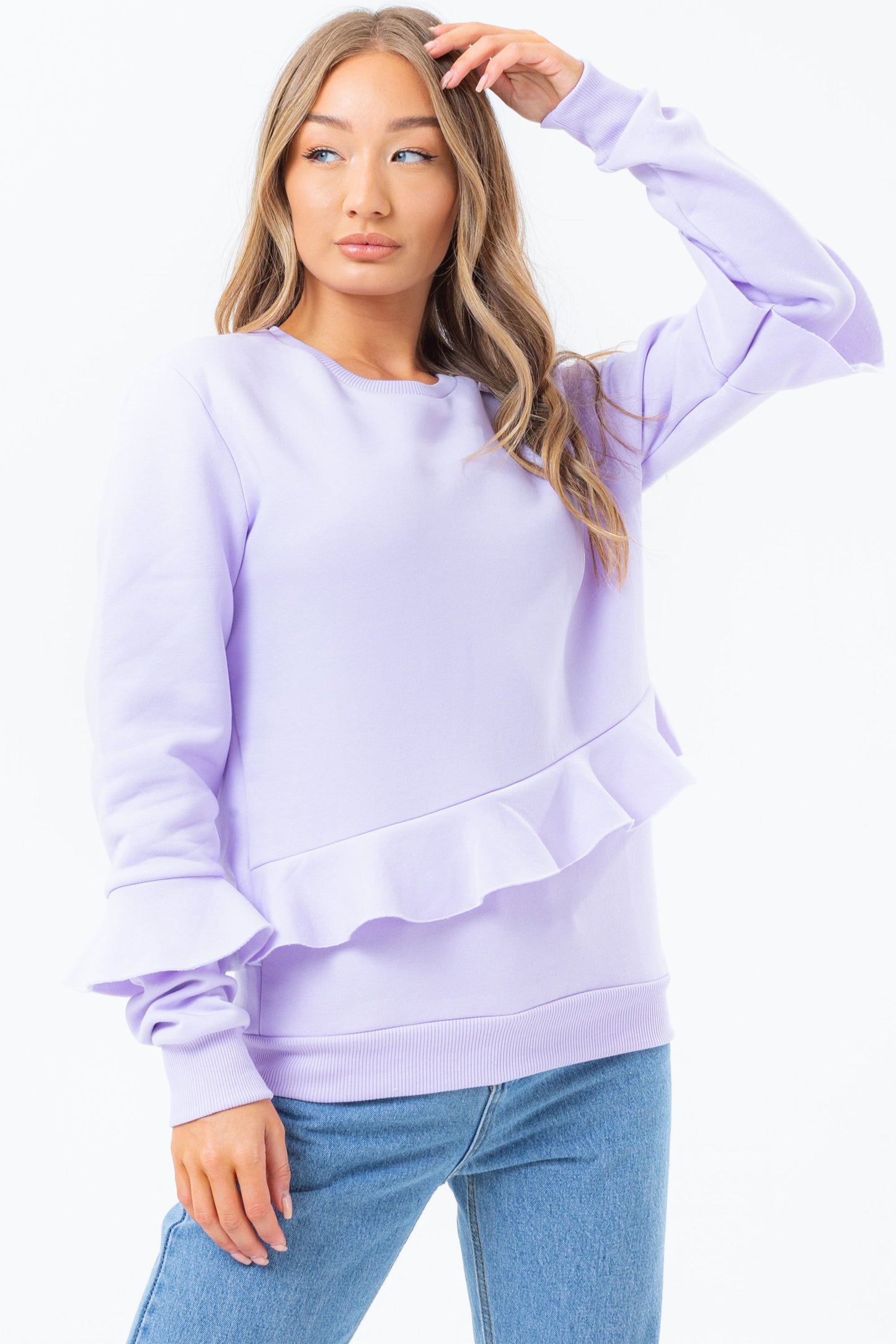 HYPE LILAC VINTAGE RUFFLE WOMEN'S CREW NECK