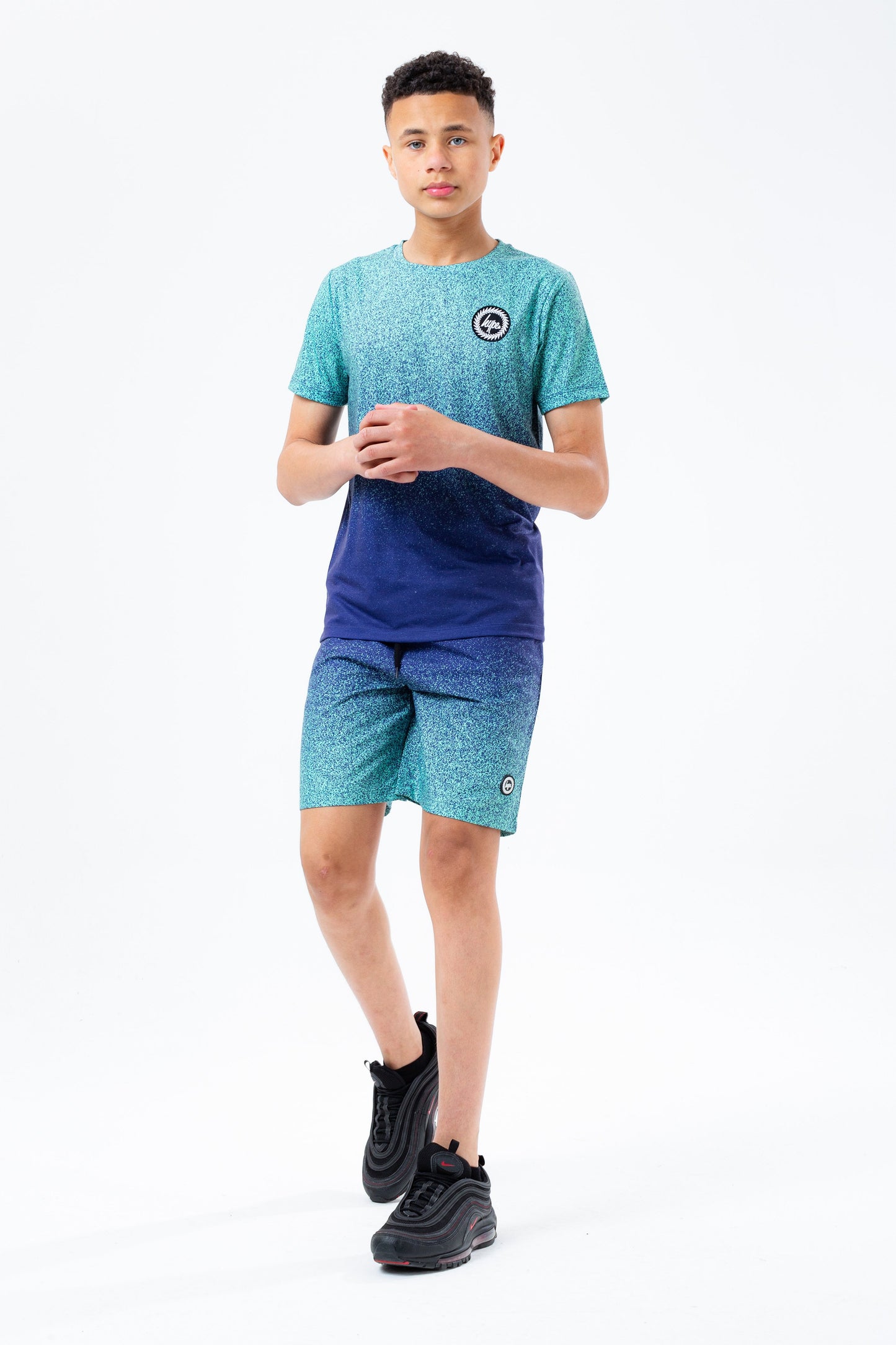 HYPE MINT & NAVY SPECKLE FADE KIDS SWIM SHORTS