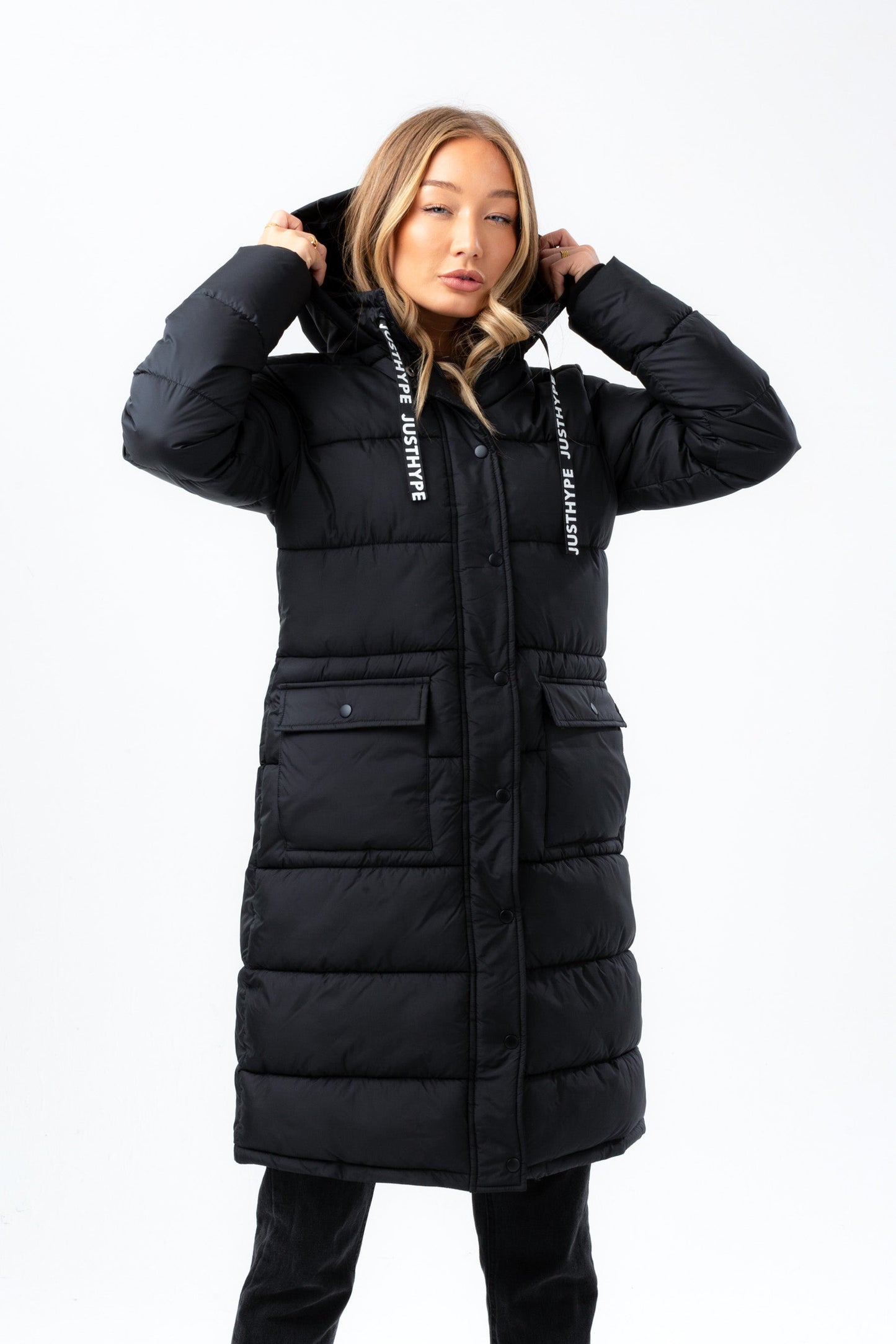 HYPE WOMENS BLACK PADDED LONGLINE JACKET