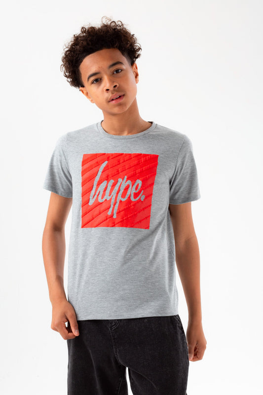HYPE BOYS GREY MARL RED BOX SCRIPT T-SHIRT