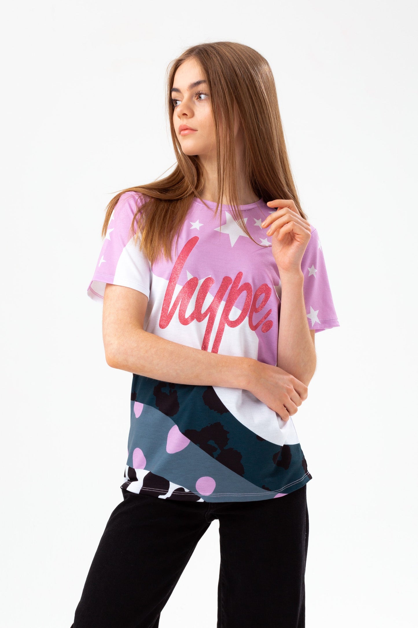 HYPE GIRLS PURPLE STAR WAVE GLITTER SCRIPT T-SHIRT