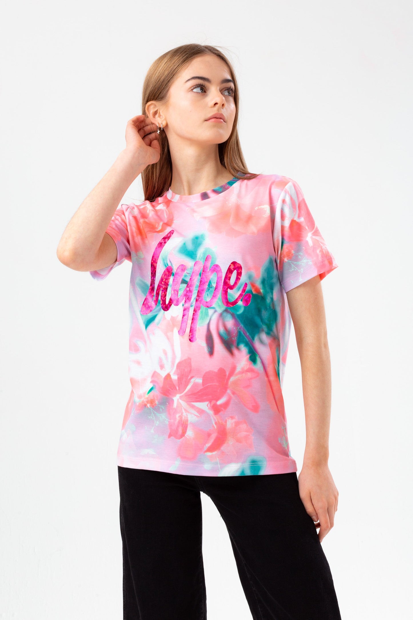 HYPE GIRLS PINK FROSTY FLOWER FOIL SCRIPT T-SHIRT