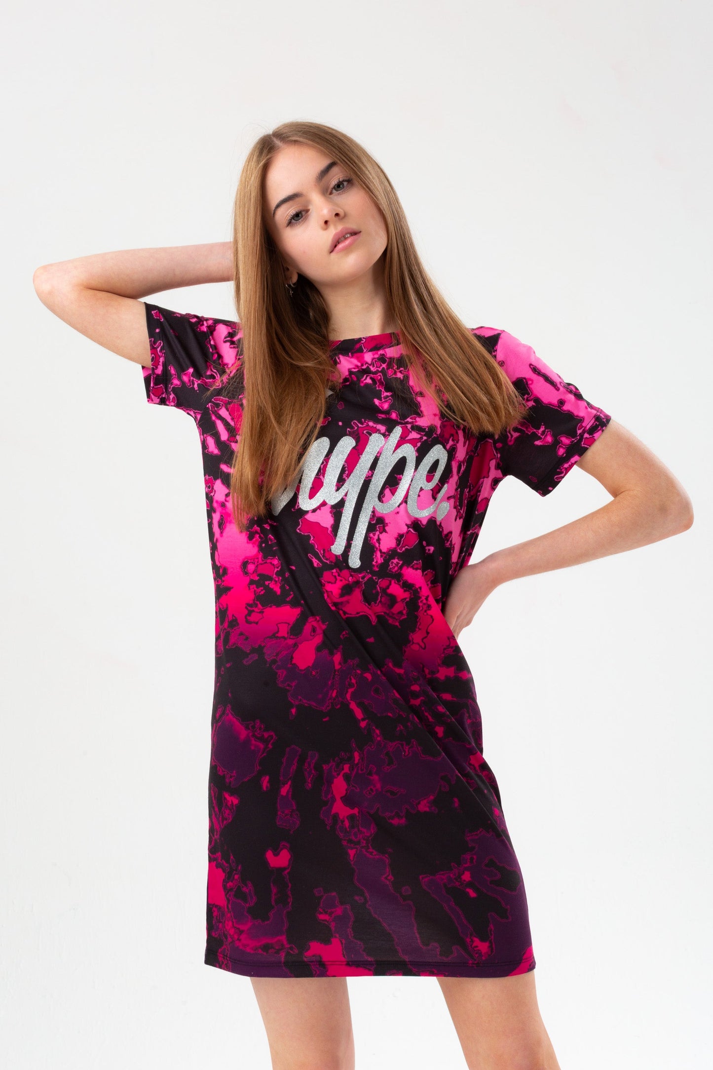 HYPE GIRLS PINK FADE TIE DYE SILVER SCRIPT T-SHIRT DRESS