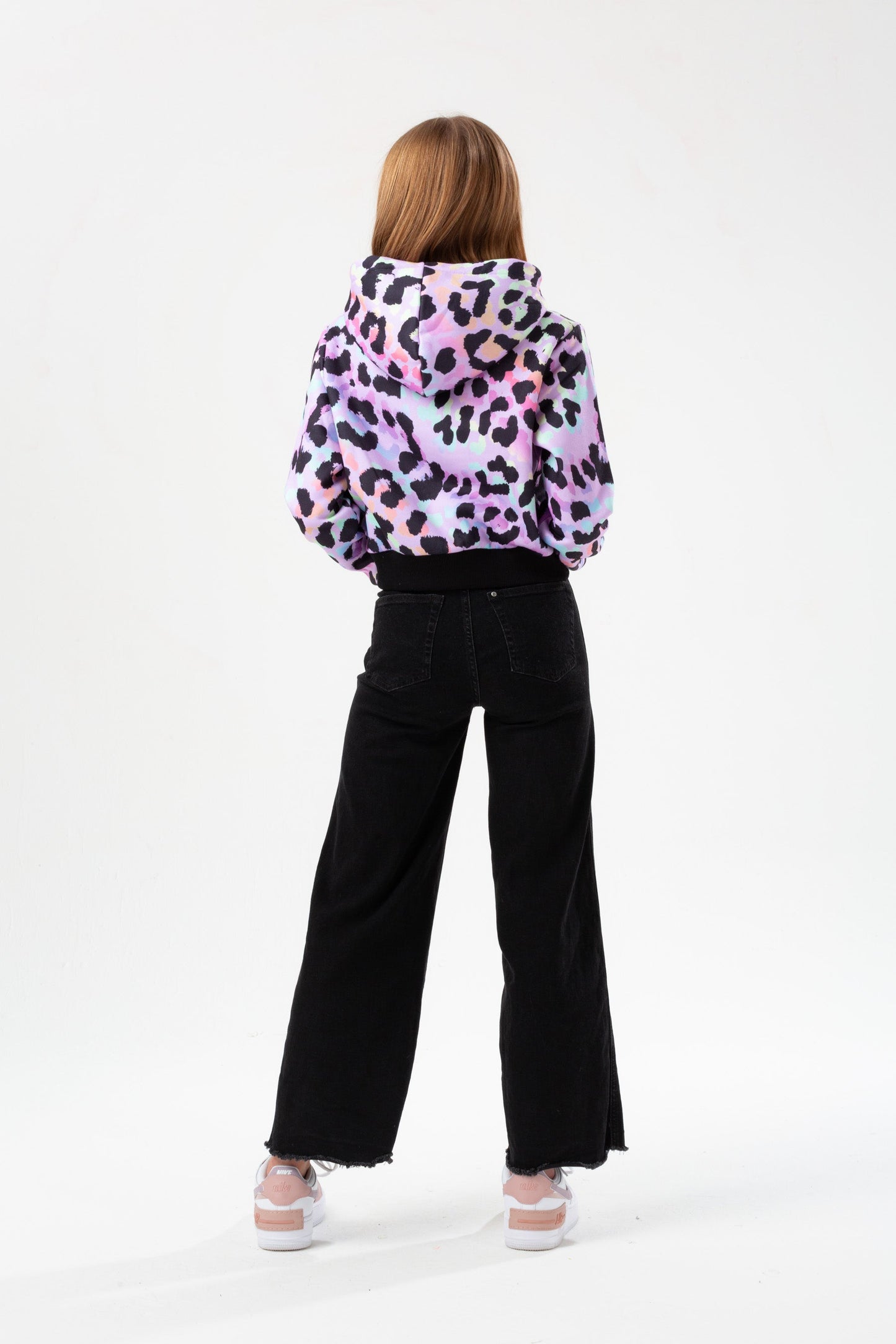 HYPE GIRLS PURPLE RAINBOW LEOPARD SCRIPT CROPPED HOODIE