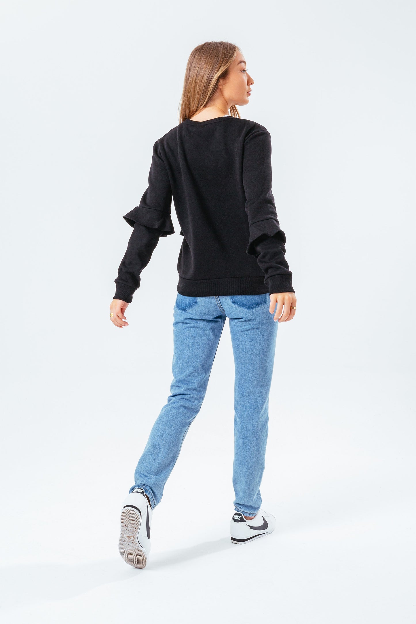 HYPE BLACK RUFFLE WOMEN'S CREW NECK