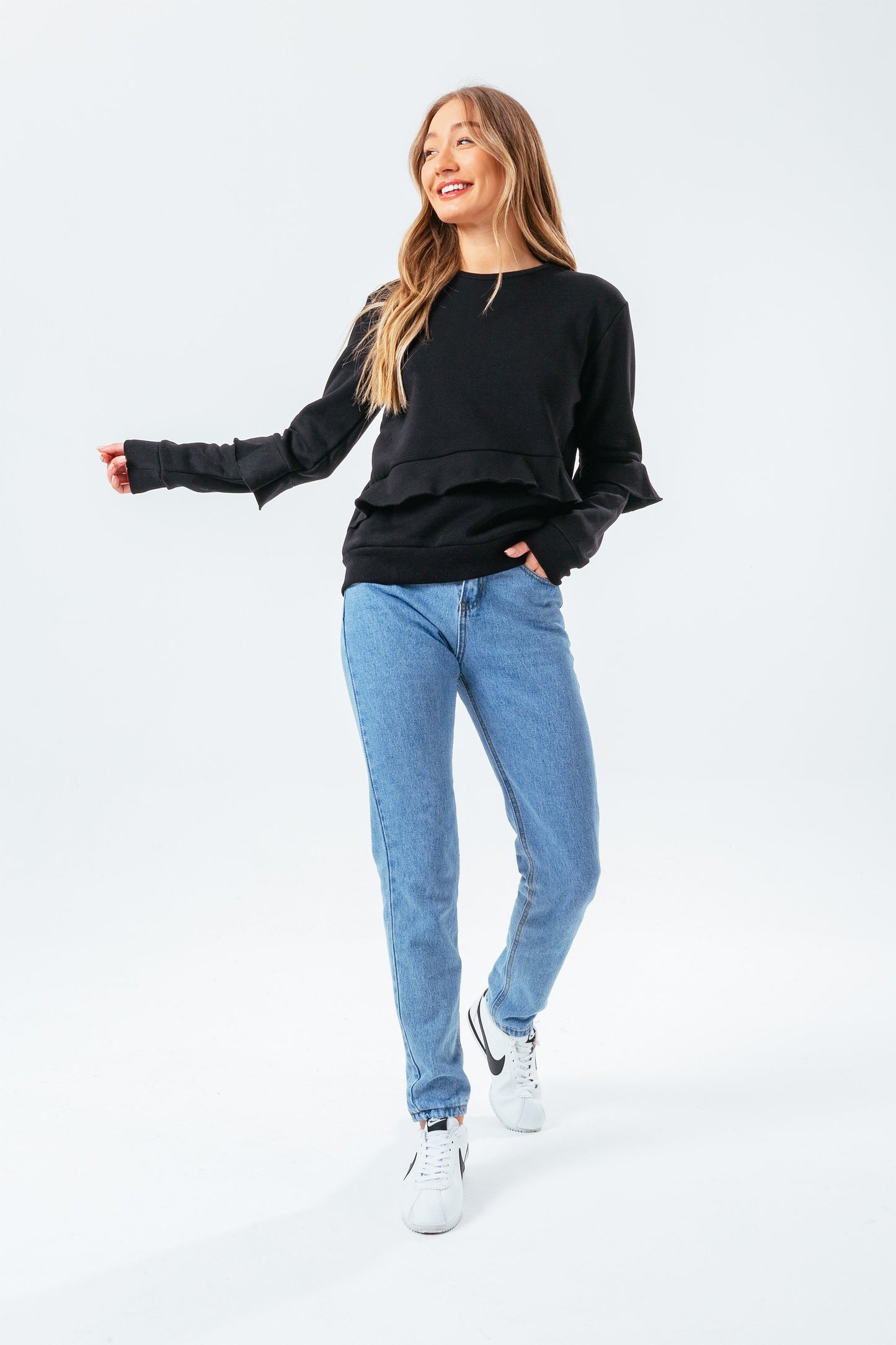 HYPE BLACK RUFFLE WOMEN'S CREW NECK