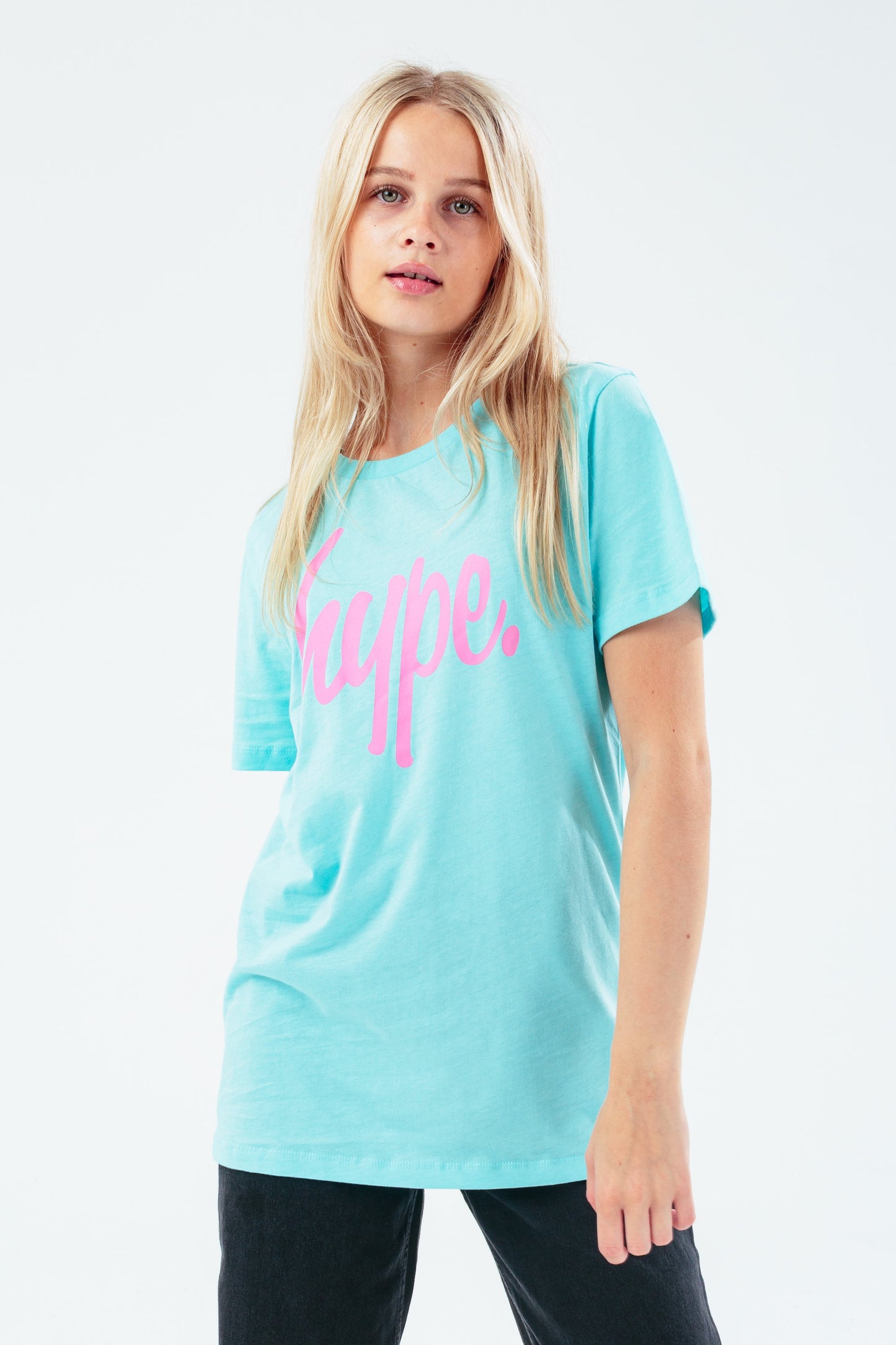 HYPE BLUE MARL & PINK SCRIPT KIDS T-SHIRT