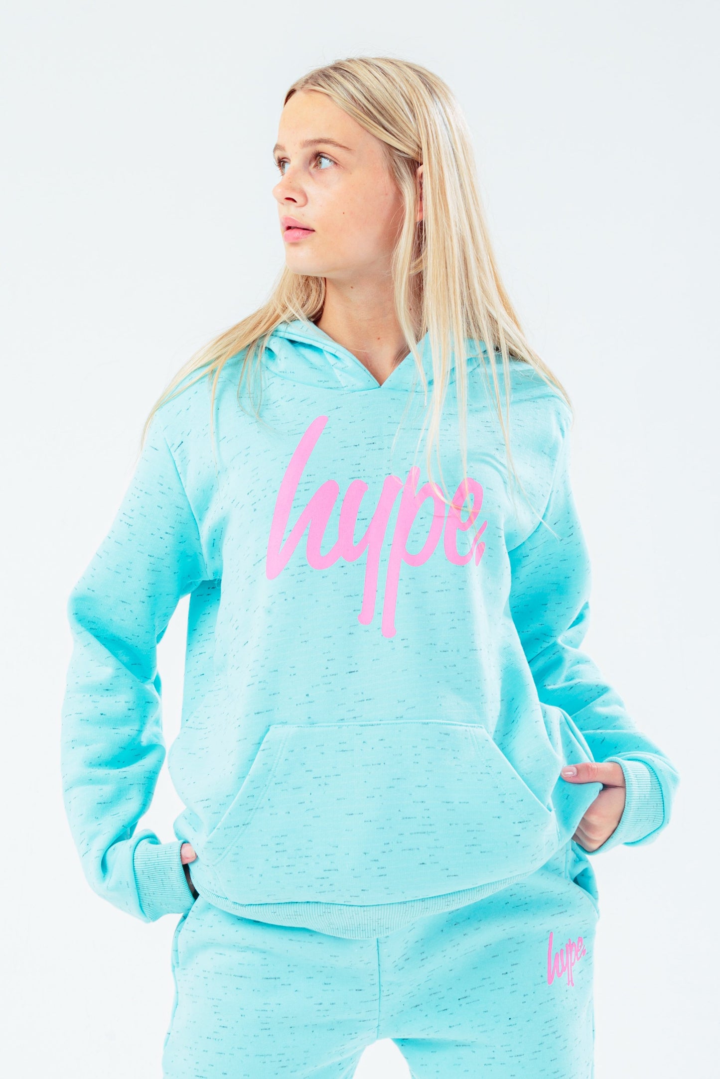 HYPE BLUE MARL & PINK SCRIPT GIRLS HOODIE