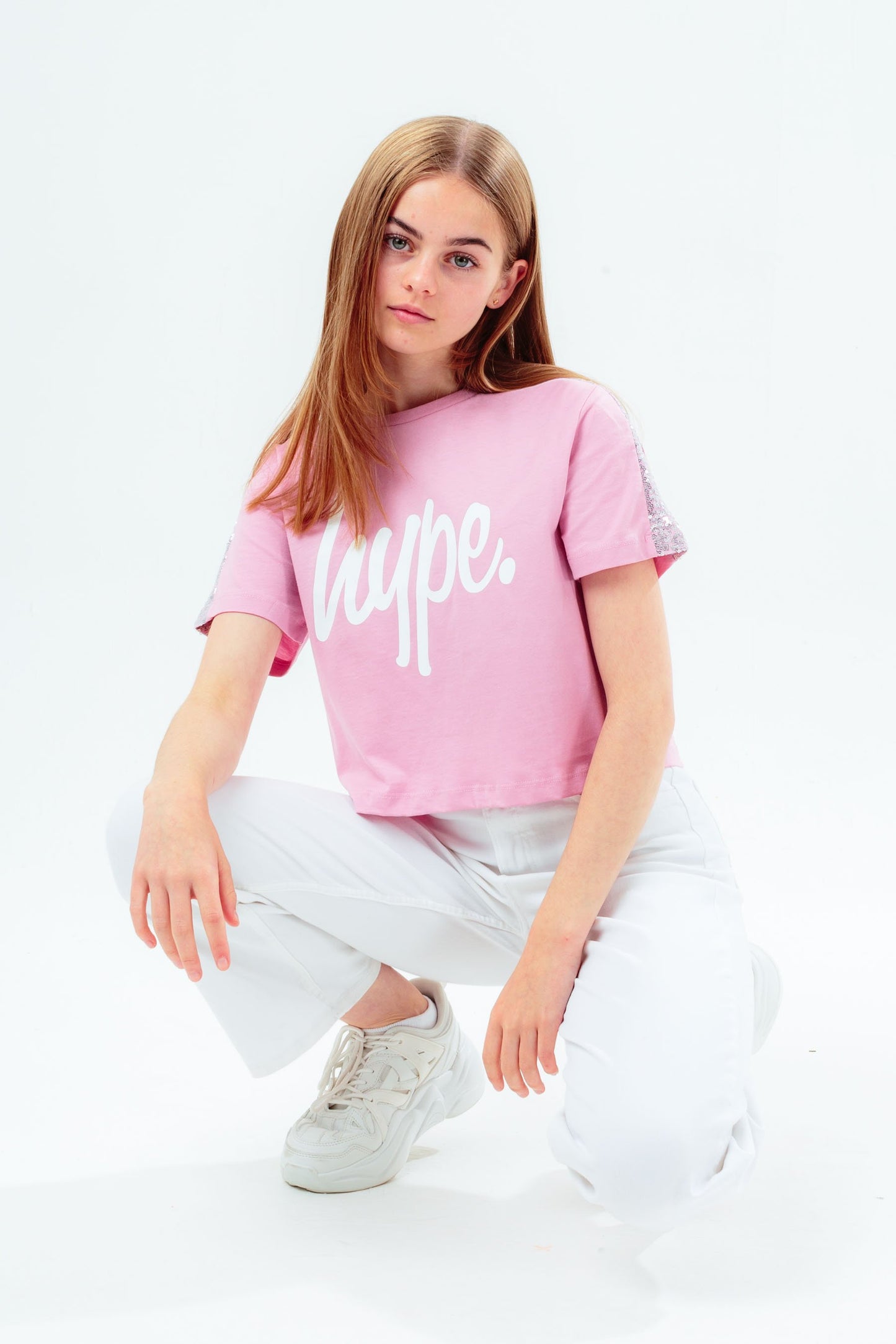 HYPE SEQUIN PANEL KIDS CROP T-SHIRT